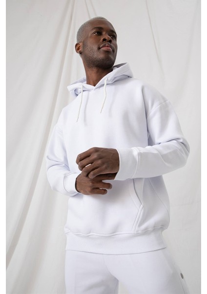 Erkek Stay Oversize Beyaz Hoodie Sweatshirt