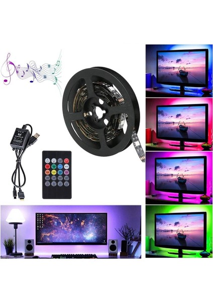 5V USB 100CM Rgb Şerit LED 3 Çipli SMD5050-30LED Ses Sensörlü Kumandalı