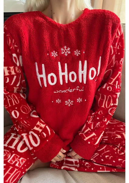 Kırmızı Hoho Desenli Kadın Peluş Pijama Takımı fırsatları