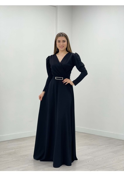 Krep Kumaş Kruvaze Yaka Kiloş Elbise - Siyah