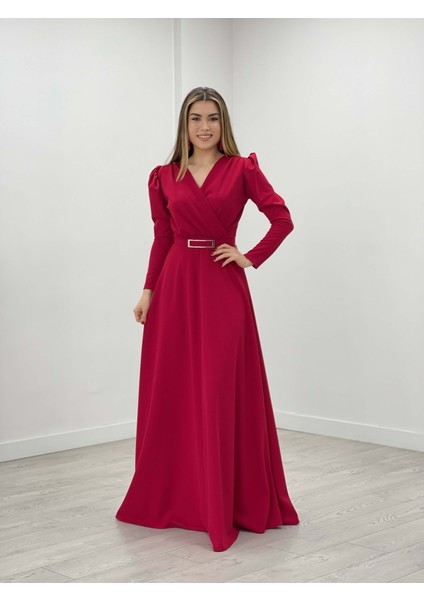 Krep Kumaş Kruvaze Yaka Kiloş Elbise - Kırmızı