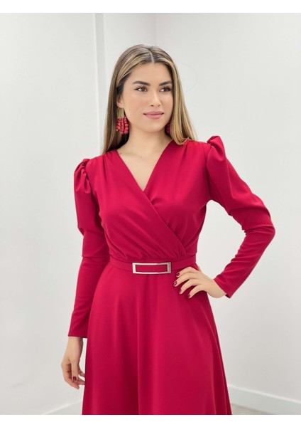 Krep Kumaş Kruvaze Yaka Kiloş Elbise - Kırmızı modelleri