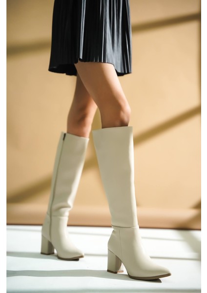 Kleo Bej Deri Topuklu Yanı Fermuarlı Günlük Kullanım Çizme fiyatları