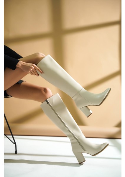 Kleo Bej Deri Topuklu Yanı Fermuarlı Günlük Kullanım Çizme modelleri