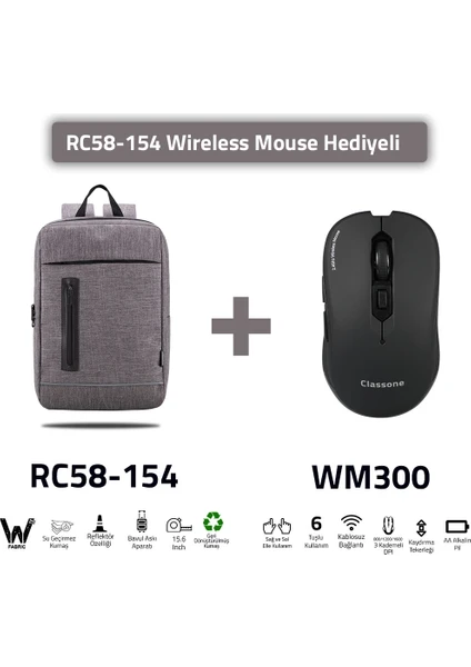 RC58-154-WM300 -15.6" Recycle Kumaş Laptop ,notebook Sırt Çantası+Kablosuz Mouse