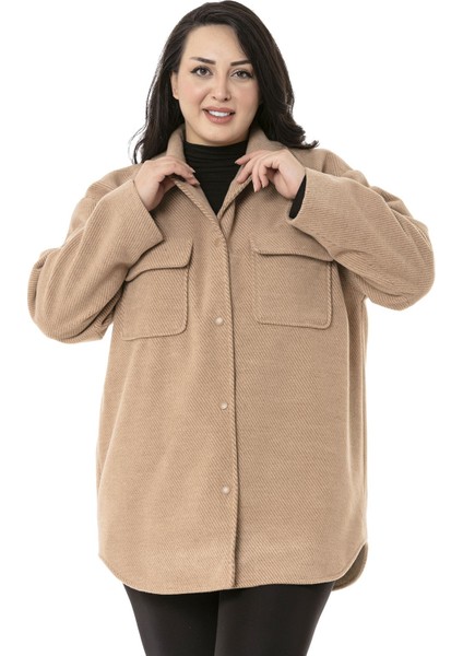 Büyük Beden Gömlek Yaka Kapaklı Cepli Astarlı Balıksırtı Dokuma Camel Kaban fiyatları