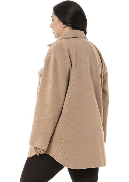 Büyük Beden Gömlek Yaka Kapaklı Cepli Astarlı Balıksırtı Dokuma Camel Kaban modelleri