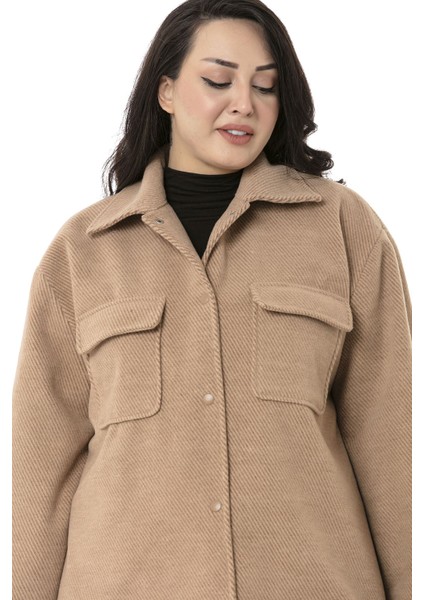 Büyük Beden Gömlek Yaka Kapaklı Cepli Astarlı Balıksırtı Dokuma Camel Kaban indirimleri