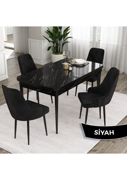 Concept Ram Serisi 80X132 Açılabilir Siyah Mermer Desen Yemek Masası Takımı 4 Babyface Kumaş Sandalye