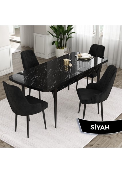 Concept Ram Serisi 80X132 Açılabilir Siyah Mermer Desen Yemek Masası Takımı 4 Babyface Kumaş Sandalye fiyatları