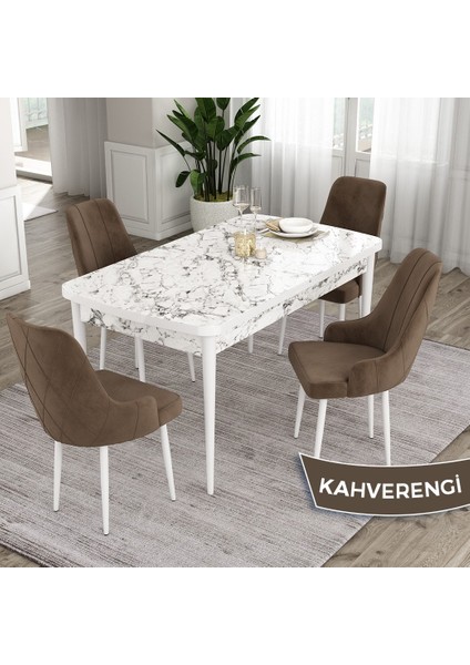 Concept Ram Serisi 80X132 Açılabilir Yemek Masası Takımı Beyaz Mermer Desen Masa 4 Babyface Kumaş Sandalye