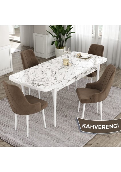 Concept Ram Serisi 80X132 Açılabilir Yemek Masası Takımı Beyaz Mermer Desen Masa 4 Babyface Kumaş Sandalye fiyatları