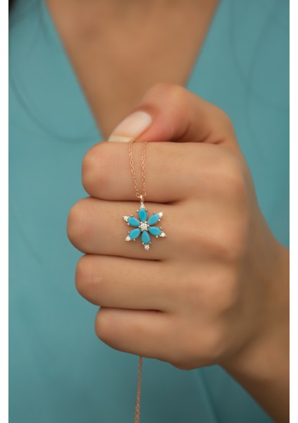 925 Ayar Turkuaz Taşlı Çiçek Kolye Kadın Gümüş Kolye