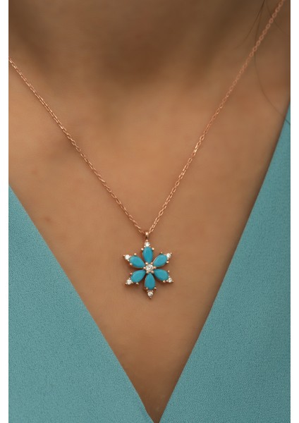 925 Ayar Turkuaz Taşlı Çiçek Kolye Kadın Gümüş Kolye fiyatları