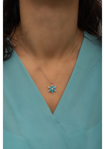 925 Ayar Turkuaz Taşlı Çiçek Kolye Kadın Gümüş Kolye modelleri