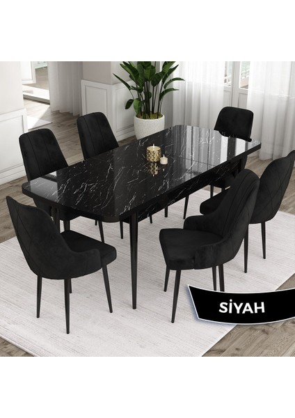Concept Ram Serisi 80X132 Açılabilir Siyah Mermer Desen Yemek Masası Takımı 6 Babyface Kumaş Sandalye fiyatları