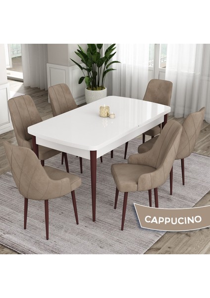 Concept Ram Serisi 80X132 Açılabilir Yemek Masası Takımı Beyaz Masa Kahverengi Ayak 6 Sandalye