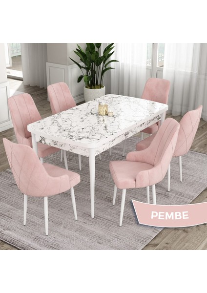Concept Ram Serisi 80X132 Açılabilir Yemek Masası Takımı Beyaz Mermer Desen Masa 6 Babyface Kumaş Sandalye