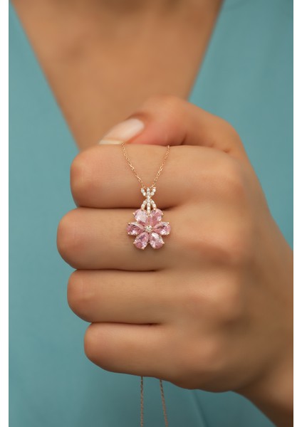 925 Ayar Gümüş Pembe Taşlı 6 Yaprak Lotus Çiçeği Kolye