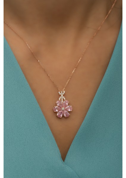 925 Ayar Gümüş Pembe Taşlı 6 Yaprak Lotus Çiçeği Kolye modelleri