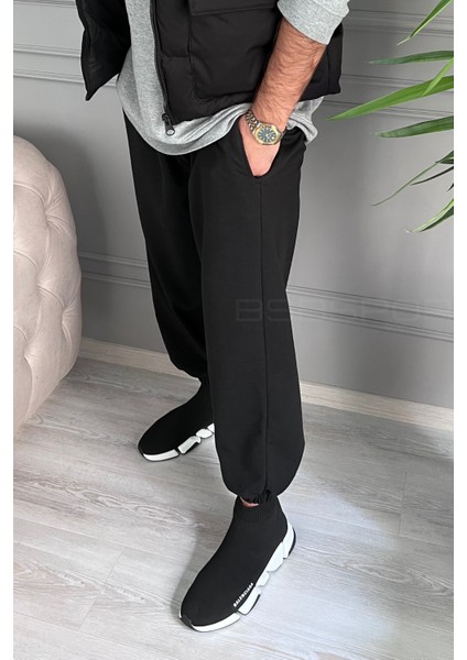 Kışlık Siyah Paçası Lastikli Geniş Salaş Eşofman Altı Rahat Oversize Jogger