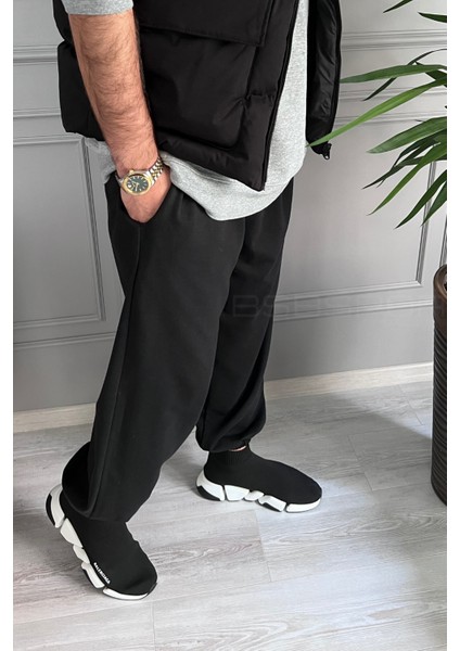 Kışlık Siyah Paçası Lastikli Geniş Salaş Eşofman Altı Rahat Oversize Jogger