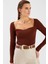 Kalp Yaka Triko Bluz - Kahve 2