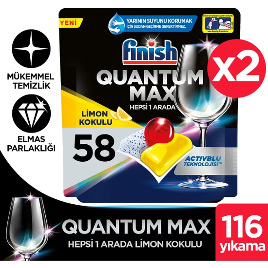 Finish Quantum Max Bulaşık Makinesi Deterjanı Tableti / Kapsülü Limonlu 116(58x2) Yıkama