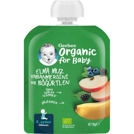 Gerber Organik Elma Muz Yabanmersini ve Böğürtlen Püresi 90 gr