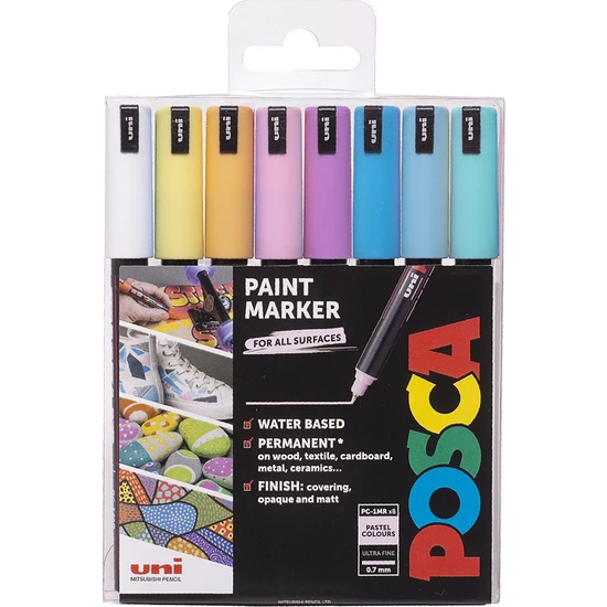 Uni Posca Pc-1mr 0.7 Su Bazlı Boyama Markörü Seti 8 Renk Pastel Renkler