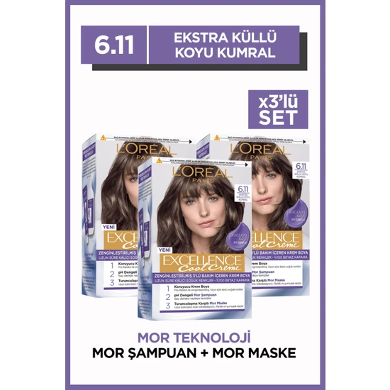 L'Oréal Paris Excellence Cool Creme 6.11 Ekstra Küllü Koyu Kumral Saç Boyası 3'lü Set