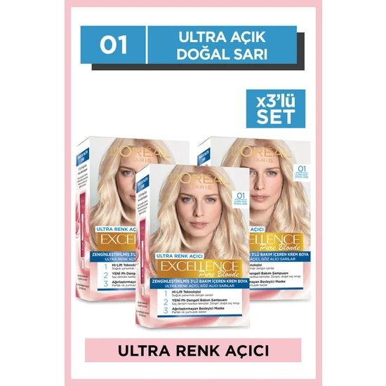 L'Oréal Paris Excellence Pure Blond 01 Ultra Açık Doğal Sarı Saç Boyası 3'lü Set