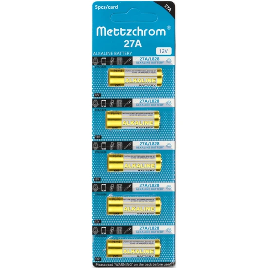 Mettzchrom A27 / 27A / V27A / 8LR732 12 Volt Alkalin Pil  Oto Ve Kapı Kumanda Pili 5'li