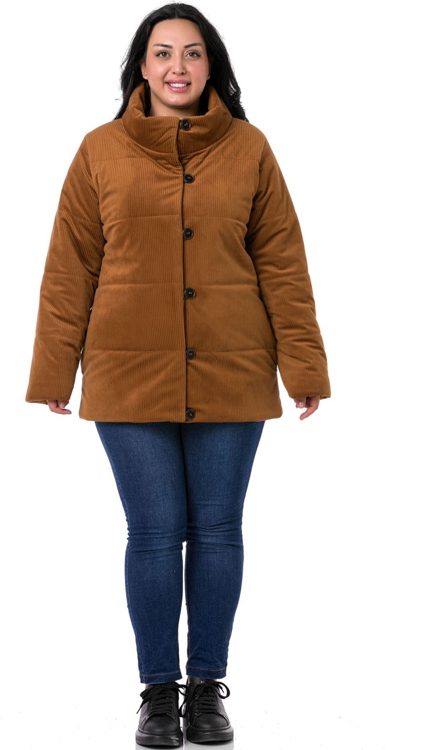 Disentis Modest Büyük Beden Dik Yaka Yandan Cepli Astarlı Kadife Kahverengi Kaban görsel 2