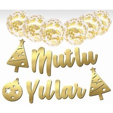 Çıtı Pıtı Store Yılbaşı Şeffaf Konfetili Mutlu Yıllar Kaligrafi Banner Gold