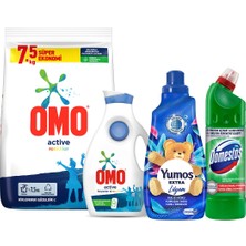 Omo Toz Deterjan 7 5 + Yumoş Lilyum 1440 ml + Domestos Dağ Esintisi 750 ml + Active 1690 ml