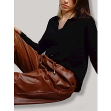 Boutique Venüs Kahverengi Beli Lastikli Deri Pantolon