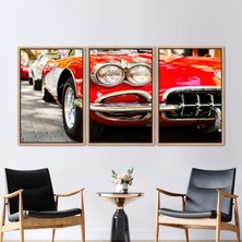 Kayra Export 3 Parçalı Naturel Çerçeveli Kanvas Tablo Garaj Duvar Süsü Retro Araba Baskılı