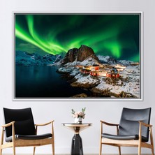 Kayra Export 1 Parça Beyaz Çerçeveli Kanvas Tablo Northern Lights Manzarası Gökyüzü Peyzajı Hediye Kanvas