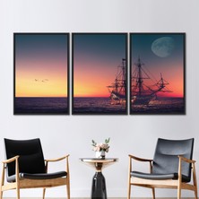 Kayra Export 3 Parçalı Siyah Çerçeveli Kanvas Tablo Ay Sanat Deniz Manzarası 3 Boyutlu Kanvas