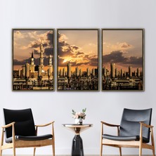 Kayra Export 3 Parçalı Gold Çerçeveli Kanvas Tablo Mescid Nabawi Kanvas Sanatı Gündoğumu 3 Boyutlu Kanvas