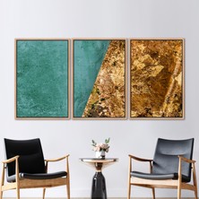 Kayra Export 3 Parçalı Naturel Çerçeveli Kanvas Tablo Modern Kanvas Soyut Duvar Dekoru Altın Sanat