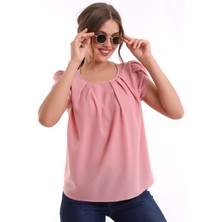 Glamify Fashion Yuvarlak Pileli Yakalı Kol Detaylı Rahat Kesim Kısa Kol Şık ve Cool Bluz