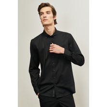 ALTINYILDIZ CLASSICS Erkek Siyah Slim Fit Dar Kesim Düğmeli Yaka Gabardin Desenli Gömlek