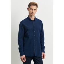 ALTINYILDIZ CLASSICS Erkek Lacivert Slim Fit Dar Kesim Düğmeli Yaka %100 Pamuk Desenli Gömlek