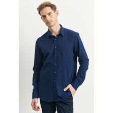 ALTINYILDIZ CLASSICS Erkek Lacivert Slim Fit Dar Kesim Düğmeli Yaka %100 Pamuk Desenli Gömlek