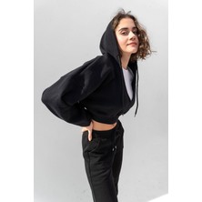 la & vetta Siyah Kapüşonlu V Yaka Crop Kalın Içi Polarlı Örme Sweatshirt