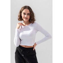 la & vetta Beyaz Uzun Kollu Fitilli Bluz Crop Örme T-Shirt