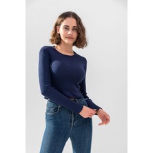 la & vetta Koyu Lacivert Uzun Kollu Fitilli Bluz Crop Örme T-Shirt