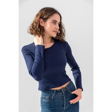 la & vetta Koyu Lacivert Uzun Kollu Fitilli Bluz Crop Örme T-Shirt